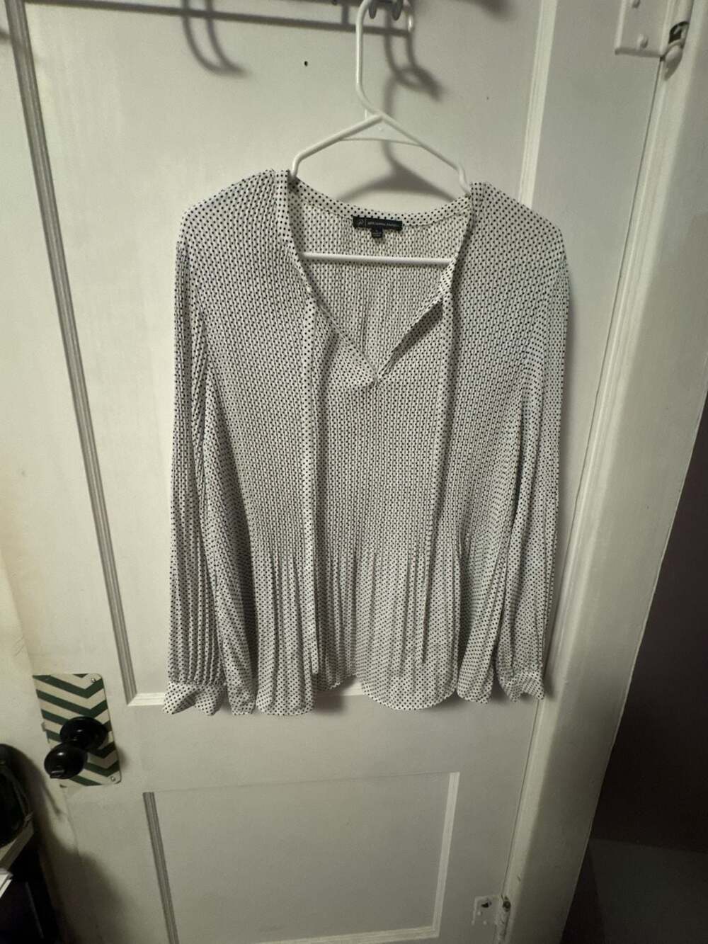 Adrianna Papell Polka Dot Pleated Long Sleeve V-Neck Blouse Size L